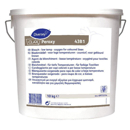 Ein 10 kg weißer Eimer Clax Peroxy Bleichmittel von Diversey Deutschland GmbH & Co. OHG, auf Sauerstoffbasis für farbige Wäsche bei niedrigen Temperaturen, mehrsprachiges Etikett und Symbole, grauer Griff.