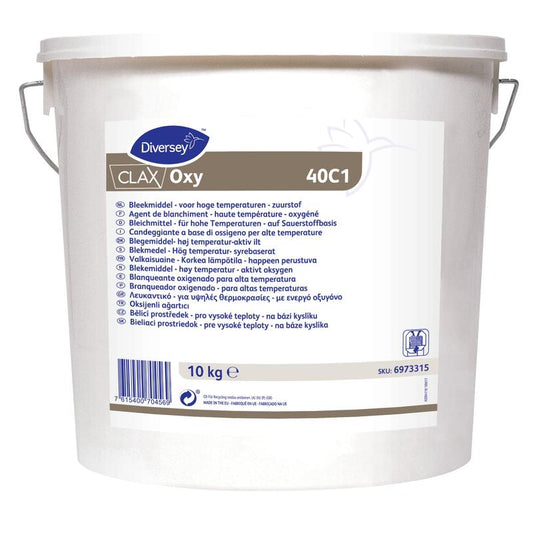 Ein weißer 10 kg-Eimer Diversey Deutschland GmbH & Co. OHG Clax Oxy 40C1 Sauerstoffbleiche, mit mehrsprachiger Produktinformation, Metallgriff und Barcode; ideal für gewerbliche Wäschereien und Sauerstoffbleiche bei niedrigen Temperaturen.