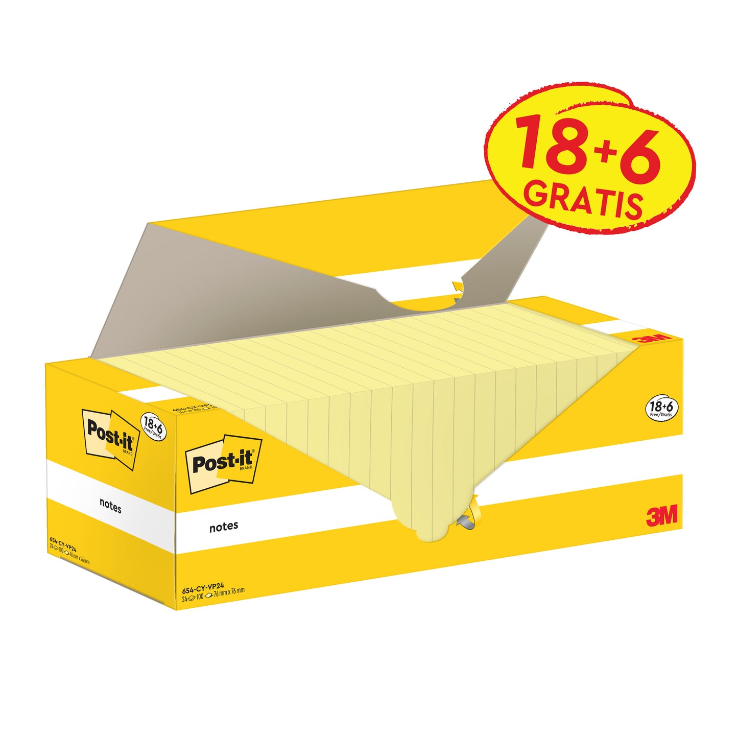 A yellow box of Post-it® Notes (76 mm x 76 mm, 100 sheets/block, 100% PEFC) from 3M Deutschland GmbH is partially open and shows the contents. The packaging is labeled with an "18+6 FREE" sticker and the 3M logo in the lower right corner.