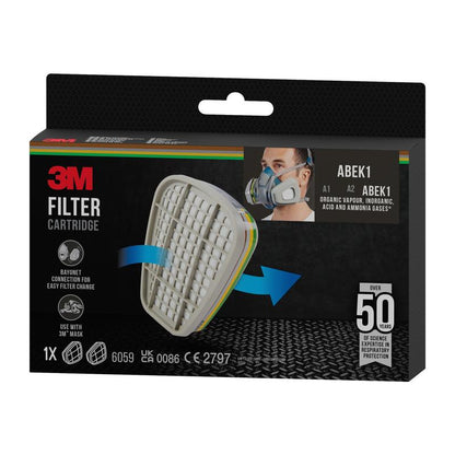 A rectangular box of the 3M™ Filter Cartridge 6059, ABEK1 Combination Filter (1 Pair/Pack) from 3M Deutschland GmbH, designed for respirators and protection against various gases and vapors with over 50 years of experience.