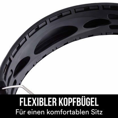 Nahaufnahme des 3M™ WorkTunes™ Connect Kapselgehörschutz 90543E in Schwarz mit flexiblem Kopfband. Der deutsche Text hebt hervor: "FLEXIBLER KOPFBÜGEL - Für einen komfortablen Sitz." Idealer Bluetooth Gehörschutz, SNR 31 dB.