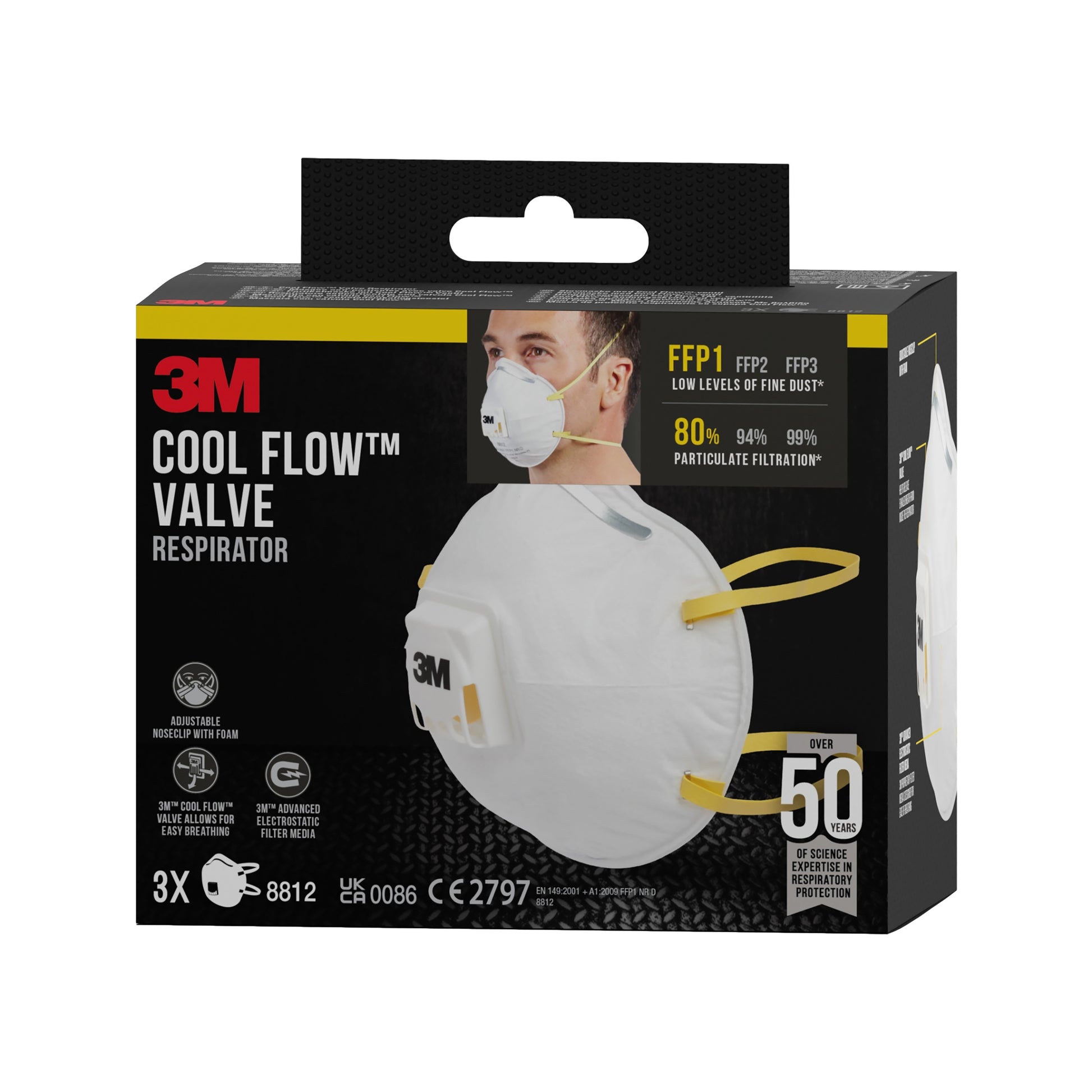 Eine schwarze Schachtel der 3M™ Cool Flow™ Partikelmaske 8812, FFP1, mit Ventil (3er-Pack) von 3M Deutschland GmbH zeigt Produktinformationen und ein Bild einer Person, die die Maske trägt. Die Schachtel weist auf FFP1-Schutz hin und enthält 3 Masken.