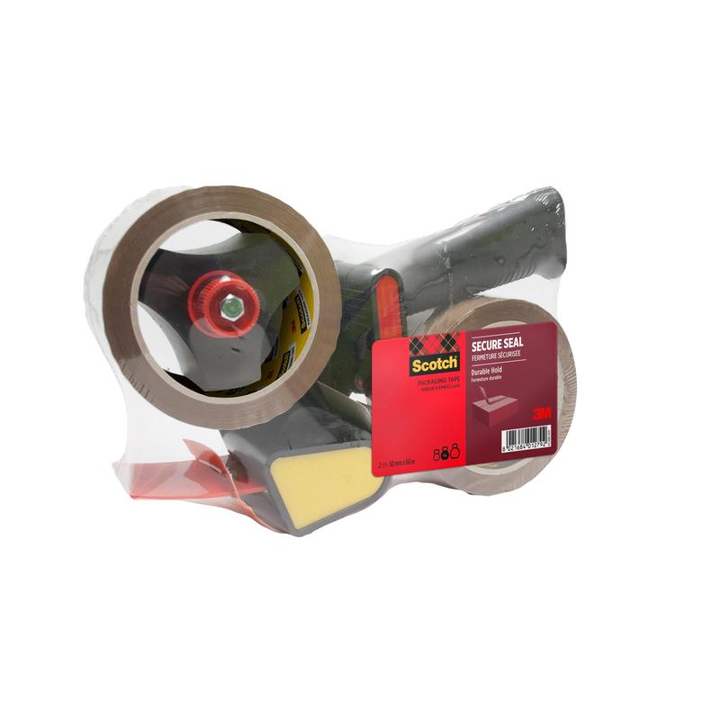 The 3M Deutschland GmbH dispenser with pistol grip + Scotch® packaging tape (Brown, 50 mm x 66 m) includes 1 dispenser and 2 rolls in one package - ideal for securely sealing packages.
