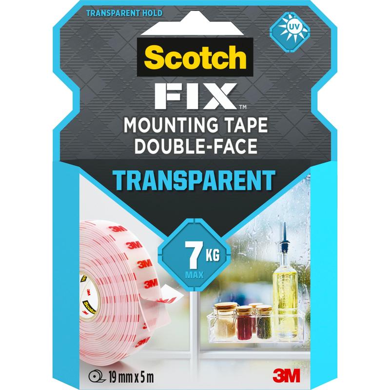Scotch-FIX™ Transparent Double-Sided Mounting Tape 4910C from 3M Deutschland GmbH, 19 mm x 5 m, holds up to 7 kg. The packaging shows a tape roll and glasses on a windowsill.