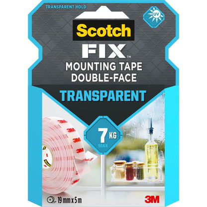 Scotch-FIX™ Transparent Double-Sided Mounting Tape 4910C from 3M Deutschland GmbH, 19 mm x 5 m, holds up to 7 kg. The packaging shows a tape roll and glasses on a windowsill.