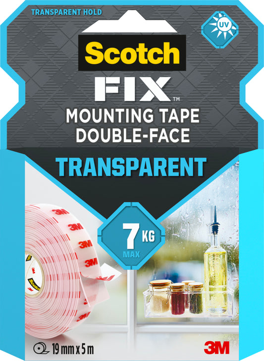 Scotch-FIX™ Transparentes doppelseitiges Montageband 4910C von 3M Deutschland GmbH, 19 mm x 5 m, hält bis zu 7 kg. Die Verpackung zeigt eine Rolle Klebeband und Gläser auf einem Fensterbrett.