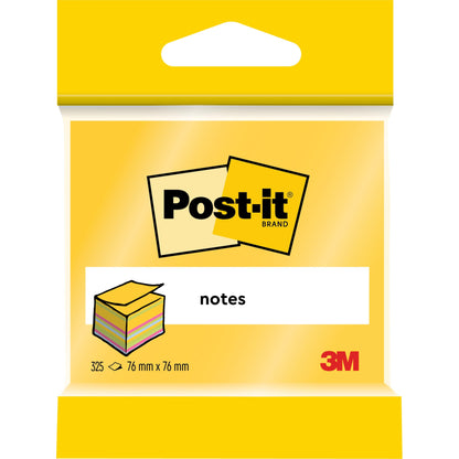 Eine Packung 3M Post-it® Notes Würfel (76x76 mm, 450 Blatt/Block, 100% PEFC) der 3M Deutschland GmbH ist mit dem Logo, der Abbildung von gestapelten Notizen, "Notes" und einer gelben Verpackung versehen.