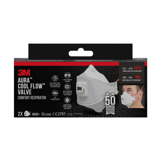 Eine rechteckige schwarze Box der 3M™ Aura™ Comfort Cool Flow™ Partikelmaske 9332+, FFP3, mit Ventil von 3M Deutschland GmbH zeigt Bilder der weißen Maske und des Trägers und hebt die Produktmerkmale und die Zertifizierung hervor.
