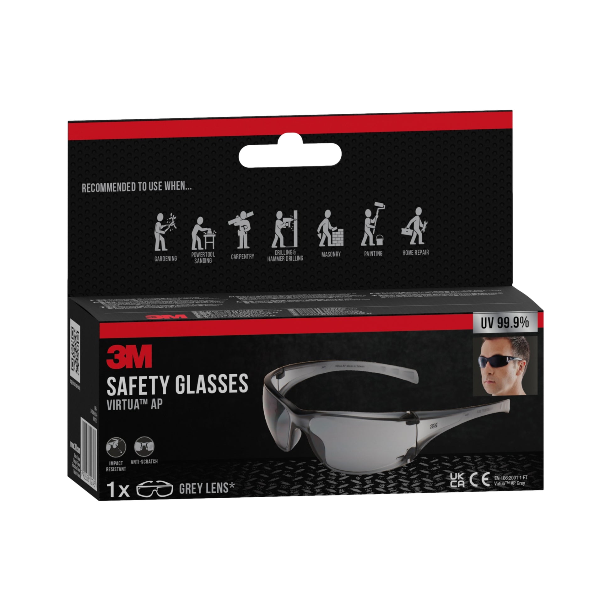 Eine Packung 3M™ Virtua™ AP Schutzbrille, graues Glas (1 Stück) von 3M Deutschland GmbH, abgebildet mit Produktbildern, Symbolen für die empfohlene Verwendung und einem UV-Schutzetikett mit 99,9 % auf der Vorderseite.