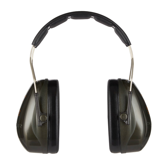 Frontansicht des grünen 3M™ PELTOR™ Optime™ II H520A Kapselgehörschützers (SNR 31 dB) der 3M Deutschland GmbH auf weißem Hintergrund.