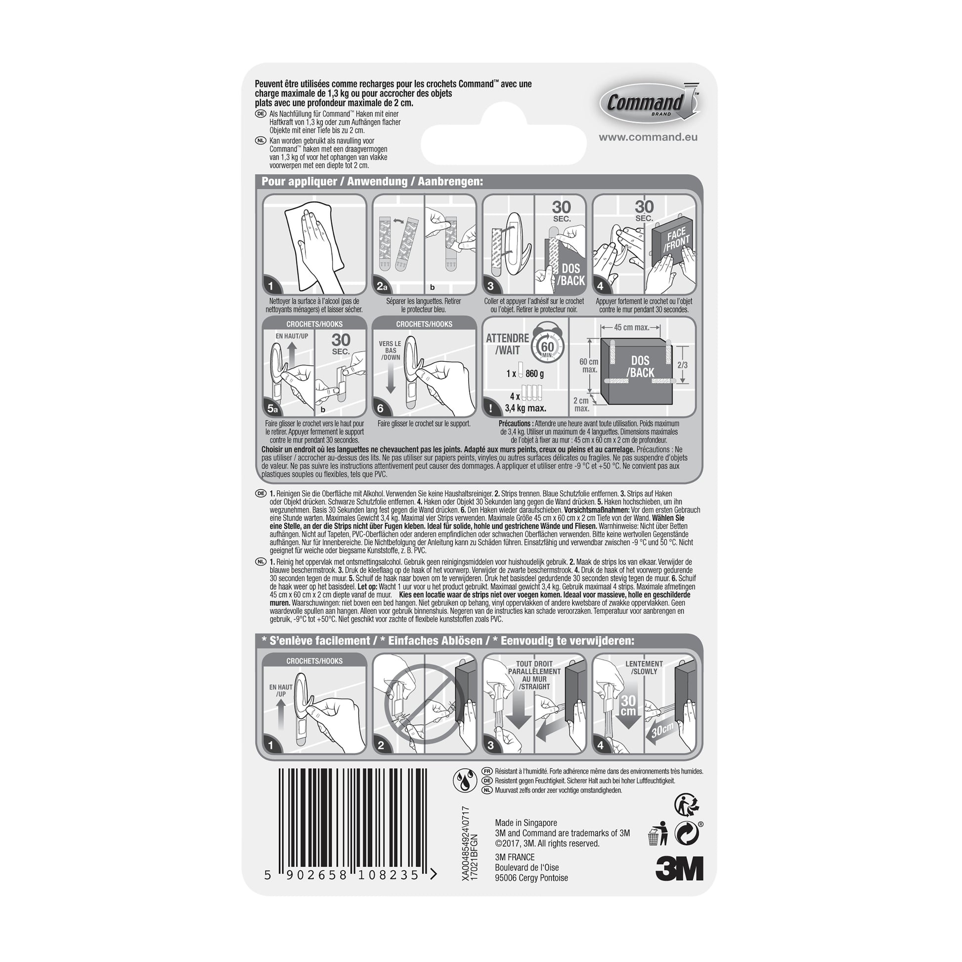 Die Rückseite eines Command™ Strips 17021B, wasserfest, Größe M, 10/Packung von 3M Deutschland GmbH zeigt eine bebilderte Gebrauchs- und Entfernungsanleitung, Produktinformationen, Warnhinweise, mehrsprachigen Text, einen Barcode und das 3M Branding.