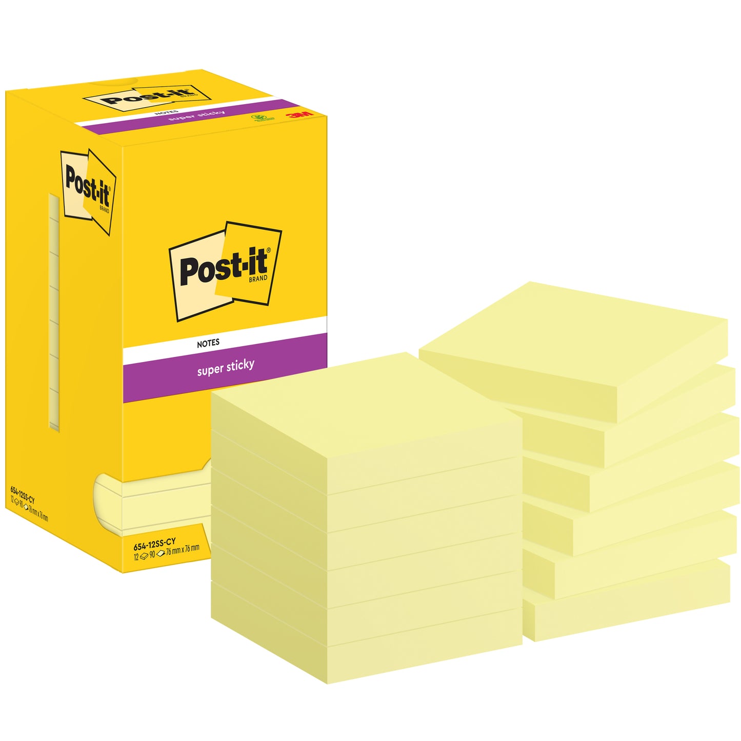 Eine gelbe Schachtel mit der Aufschrift "Post-it® Super Sticky Notes, 76 mm x 76 mm, 90 Blatt/Block" der 3M Deutschland GmbH wird neben mehreren Stapeln gelber quadratischer Haftnotizblöcke in zwei Gruppen gezeigt.