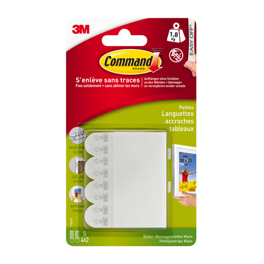 Eine Packung 3M Deutschland GmbH Kleine weiße Command™ Bilder-Montage Strips S 17202 (1 Stück) fasst bis zu 1,8 kg und enthält vier Sätze kleiner weißer Streifen, deren Anleitung in französischer Sprache auf der roten und grünen Verpackung zu sehen ist.