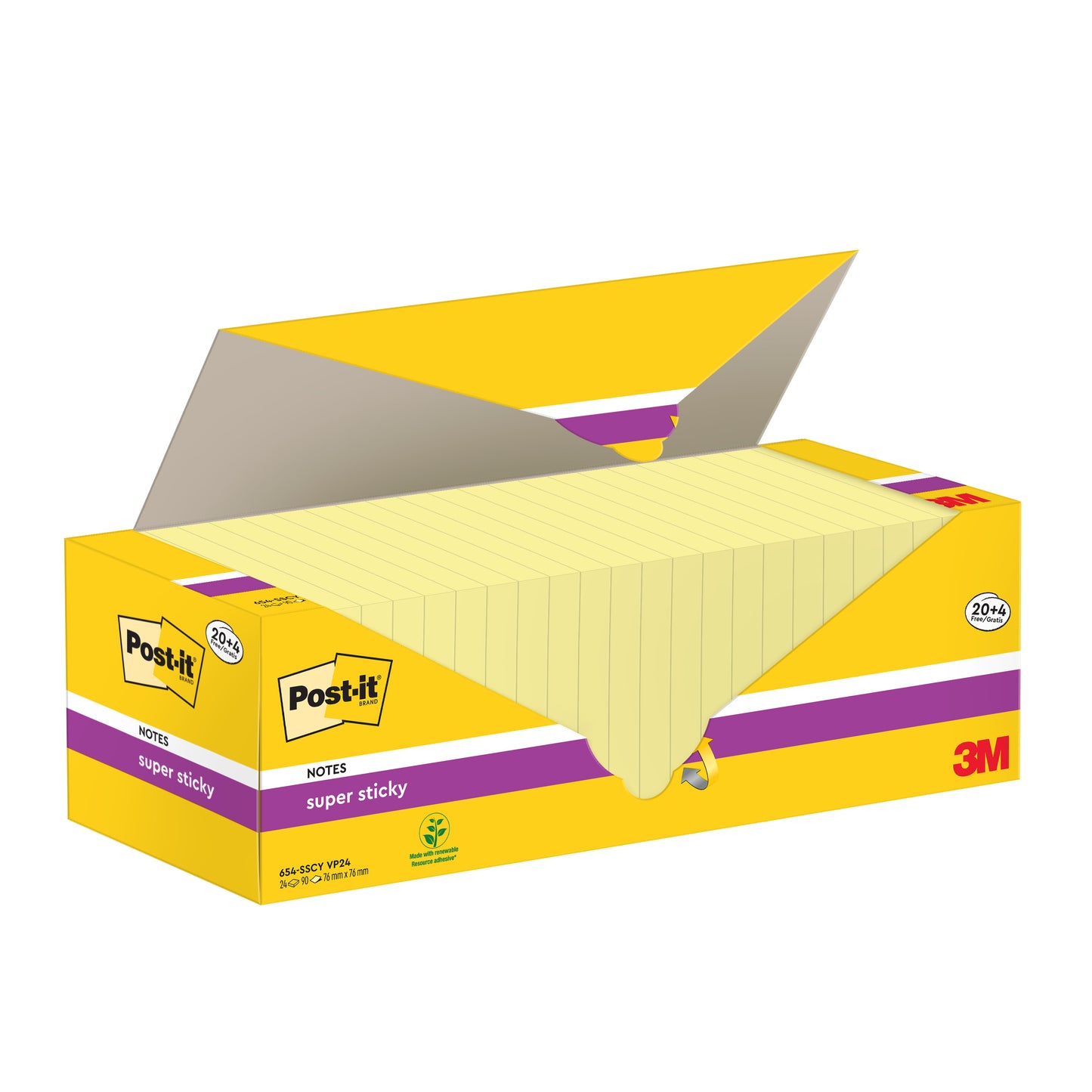 An open yellow box of Post-it® Super Sticky Notes (76x76 mm, 90 sheets/pad, 24 blocks, 100% PEFC) from 3M Deutschland GmbH shows the note blocks inside with the product branding and details on the packaging.