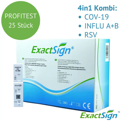 A box labeled "ExactSign 4in1 Antigen Combo Rapid Test" (25 pieces) by ExactSign for COV-19, Influenza A+B, and RSV is depicted on a white, green, and blue diagnostic packaging.