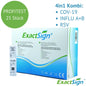 A box labeled "ExactSign 4in1 Antigen Combo Rapid Test" (25 pieces) by ExactSign for COV-19, Influenza A+B, and RSV is depicted on a white, green, and blue diagnostic packaging.