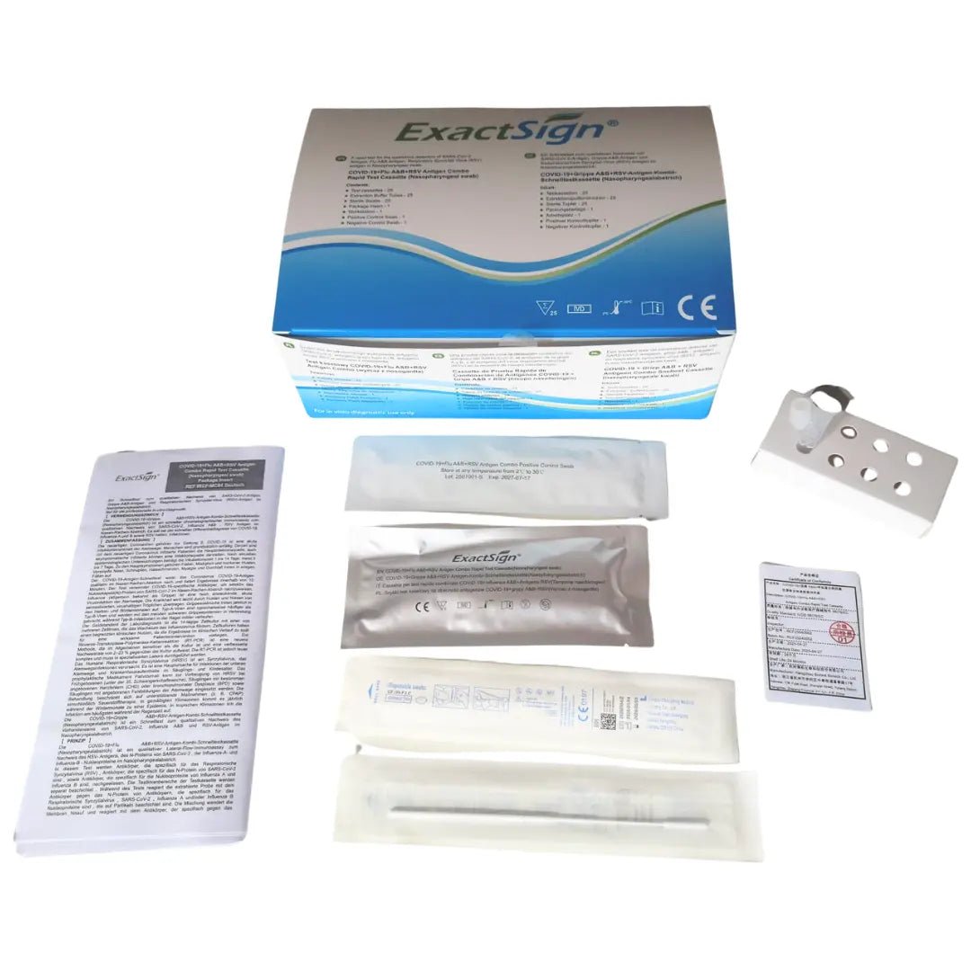 Depicted is the ExactSign 4in1 Antigen Combo Rapid Test package (25 pieces) with a blue-white box, a package insert, sealed test components, a plastic holder, and a small card, all on a white background.