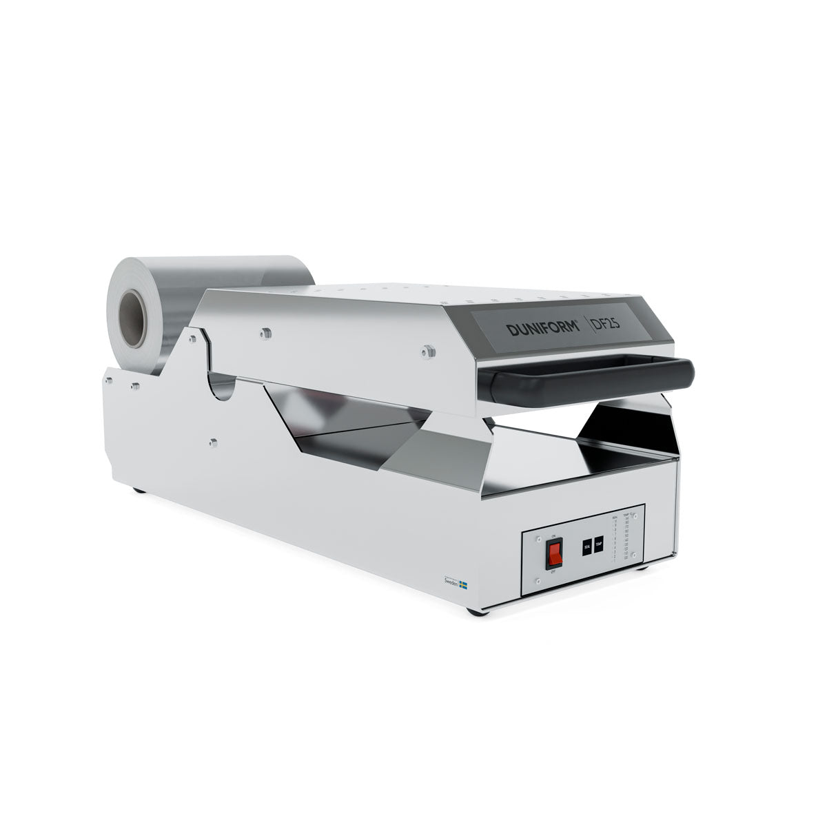Die Siegelmaschine DF25 - halbautomatisch von Duni GmbH inkl. 1 Kassette DF15/DF25 wird mit angebrachtem Folienspender auf weißem Hintergrund gezeigt. Das Bedienfeld mit Tasten und Drehregler ist vorne rechts sichtbar.