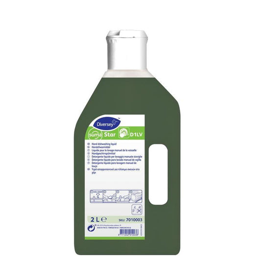 Eine 2-Liter-Flasche Suma Star D1, Flüssiges neutrales Handgeschirrspülmittel von Diversey Deutschland GmbH & Co. OHG verfügt über einen weißen Deckel, grüne Flüssigkeit und ein Etikett mit Anweisungen zur gründlichen Reinigung.