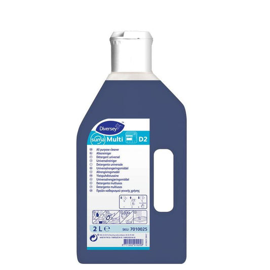 Eine 2-Liter-Flasche Diversey Suma Multi D2 Universalreiniger, aluminiumsicher, der Diversey Deutschland GmbH & Co. OHG, mit weißem Verschluss und blauer Flüssigkeit. Mehrsprachiges Etikett. Ideal für die professionelle Reinigung diverser Oberflächen.