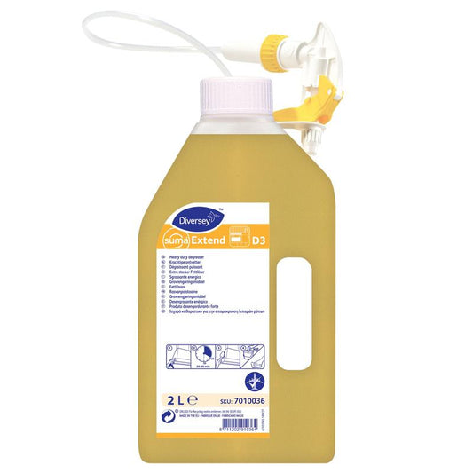 Eine 2-Liter-Flasche Diversey Deutschland GmbH & Co. OHG Suma Extend D3, Fettlöser, anwendungsfertig, aluminiumsicher mit weiß-gelber Pumpe und ausführlichem Etikett zur anwendungsfertigen aluminiumsicheren Reinigung.