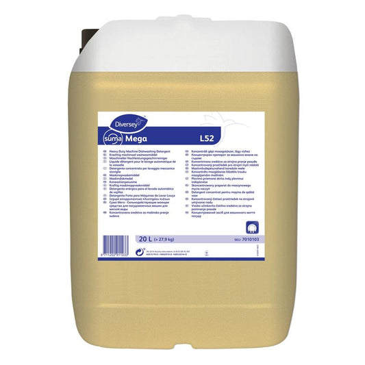 Ein 20-Liter-Kunststoffbehälter von Diversey Deutschland GmbH & Co. OHG Suma Mega L52 Geschirrreiniger für Weichwasser, mit weißem Deckel und blau-weißem Etikett mit Produktdetails und mehrsprachiger Anleitung.