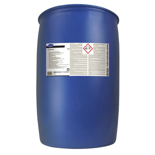Ein großes blaues Industriefass der Diversey Deutschland GmbH & Co. OHG mit einem Warnhinweis enthält Suma Power T57 Alkalibooster für maschinelle Geschirrspülsysteme, ein starkes Reinigungsmittel für professionelle Küchengeschirrspülsysteme.
