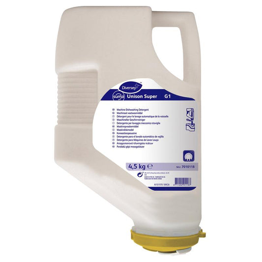 Eine 4,5 kg Kartusche Suma Unison Super G1, Geschirrreiniger für Weichwasser, chlorfrei von Diversey Deutschland GmbH & Co. OHG, mit weißem Kunststoffbehälter mit Griff, gelbem Deckel und blau-weißem, mehrsprachigem Etikett.