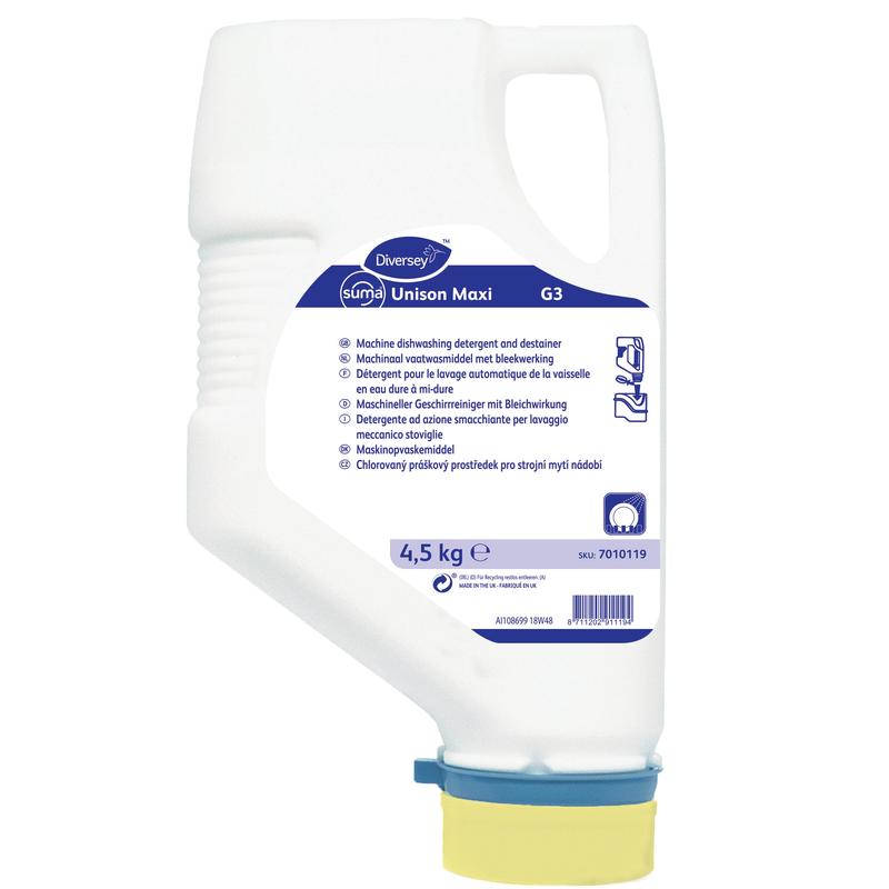 Eine weiße 4,5 kg Kartusche Diversey Suma Unison Maxi G3 Geschirrreiniger für mittelhartes bis hartes Wasser (chlorhaltig) mit blauem Etikett, blauem Verschluss und gelbem Spender von Diversey Deutschland GmbH & Co. OHG.