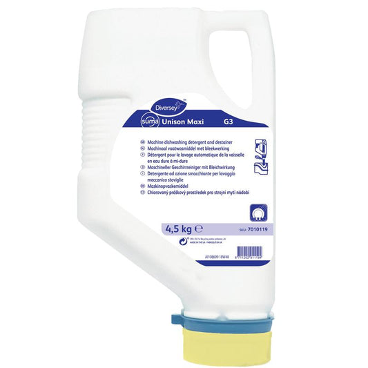 Eine weiße 4,5 kg Kartusche Diversey Suma Unison Maxi G3 Geschirrreiniger für mittelhartes bis hartes Wasser (chlorhaltig) mit blauem Etikett, blauem Verschluss und gelbem Spender von Diversey Deutschland GmbH & Co. OHG.