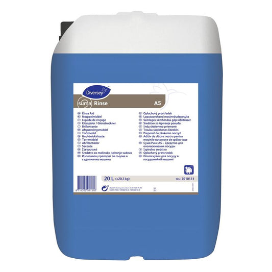 Ein 20-Liter-Behälter aus blauem Kunststoff mit Suma Rinse A5 – Neutraler Klarspüler von Diversey Deutschland GmbH & Co. OHG, mit weißem Deckel und mehrsprachigem Etikett für streifenfreie Ergebnisse und reduzierte Kalkablagerungen.
