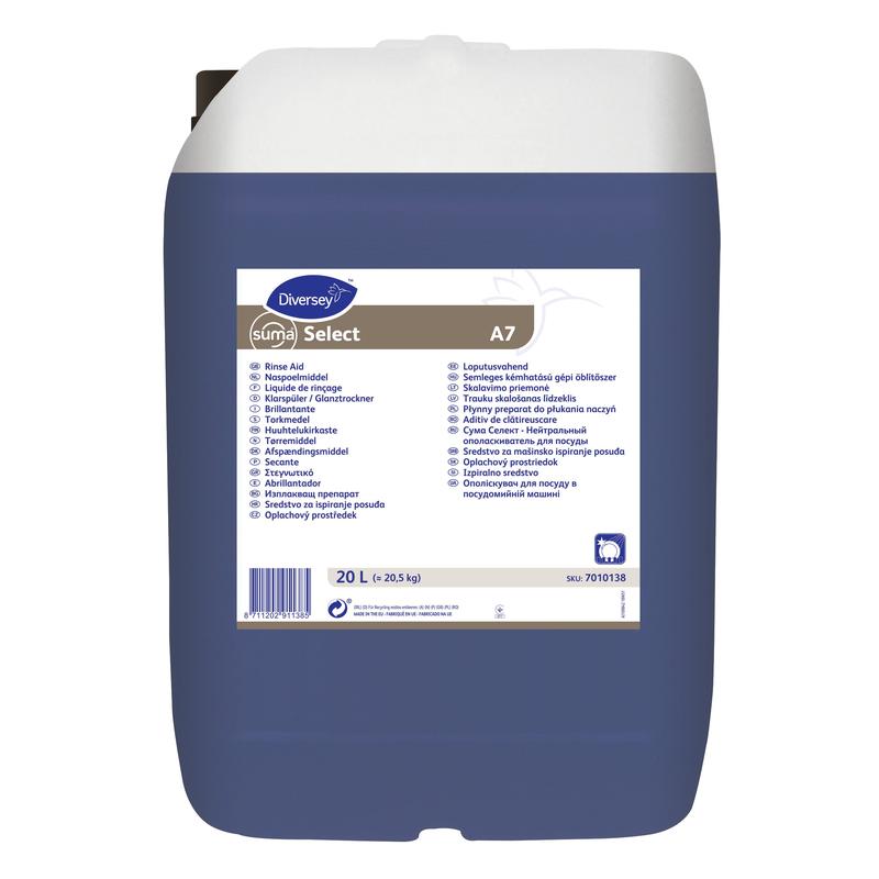 A 20L plastic container with Suma Select A7 – Neutral Rinse Aid from Diversey Deutschland GmbH & Co. OHG for commercial dishwashers; blue liquid, white label with multilingual text, white cap, handle. Reduces lime deposits.