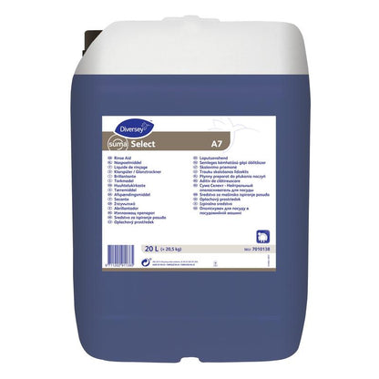 A 20L plastic container with Suma Select A7 – Neutral Rinse Aid from Diversey Deutschland GmbH & Co. OHG for commercial dishwashers; blue liquid, white label with multilingual text, white cap, handle. Reduces lime deposits.