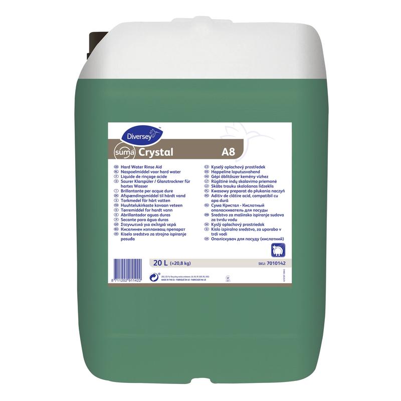 Ein 20-Liter-Kunststoffbehälter von Suma Crystal A8, Saurer Klarspüler von Diversey Deutschland GmbH & Co. OHG mit weißem Deckel und mehrsprachigem Etikett mit Produktangaben und Hinweisen für gewerbliche Spülmaschinen.