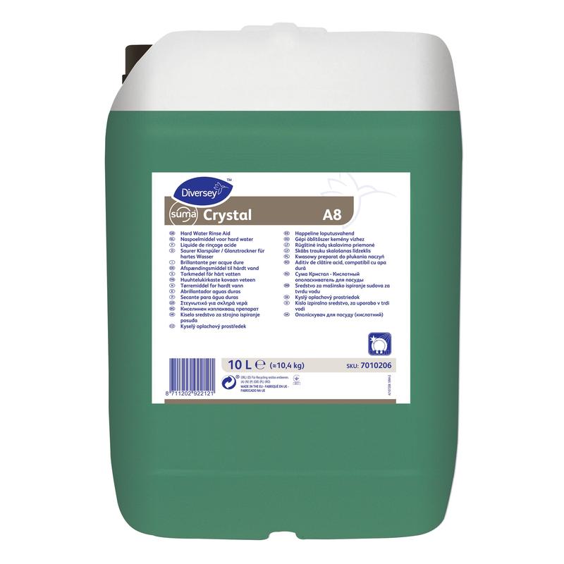 A green 10-liter plastic container with a white lid and label from Diversey Deutschland GmbH & Co. OHG, showing Suma Crystal A8, Acidic Rinse Aid; ideal as an acidic rinse aid for professional dishwashers in dish cleaning.