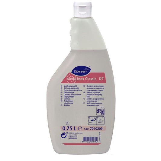 Die 750 ml Flasche Suma Inox Classic D7 Edelstahlpflege (ölig) der Diversey Deutschland GmbH & Co. OHG, liefert strahlenden Glanz und Korrosionsschutz für Edelstahl, mit Etikett mit Hinweisen, Nutzungssymbolen und weißem Verschluss.