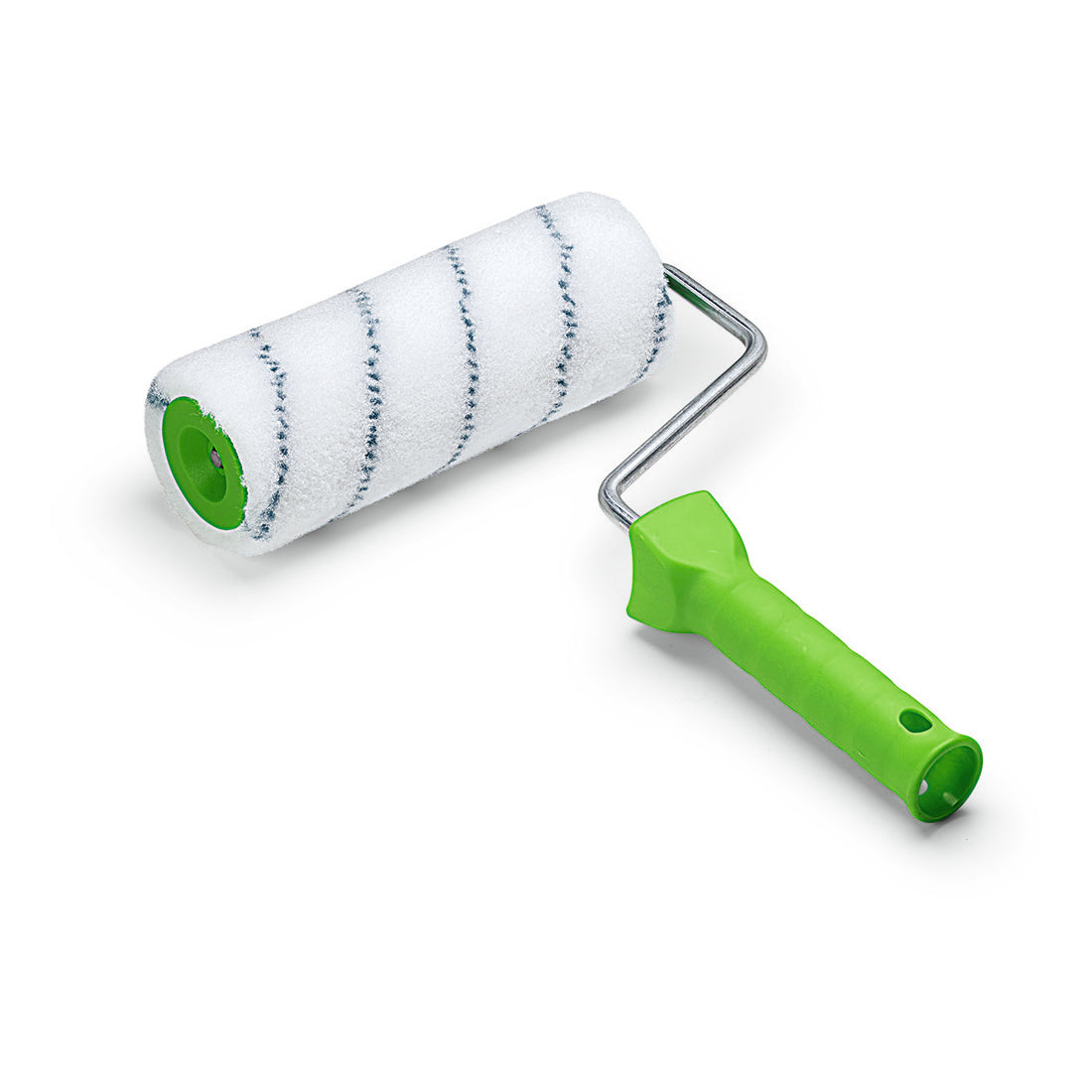 Die Nölle Profi Brush Malerwalze Nylon 18 cm, 13 mm Florhöhe von Nölle Profi Brush Bürsten- & Pinseltechnik e.K. ist ideal für die professionelle Malerei. Sie hat einen weißen Mantel mit schwarzen Streifen und einen grünen Griff - auf weißem Grund.