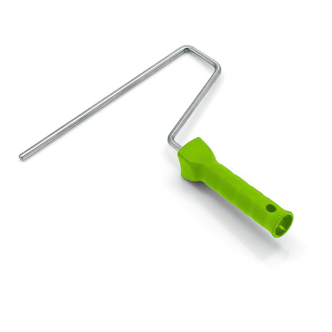 The Nölle Profi Brush paint roller frame system 8 mm from Nölle Profi Brush Bürsten- & Pinseltechnik e.K. is characterized by a bright green plastic handle and a metal rod, depicted on a white background.