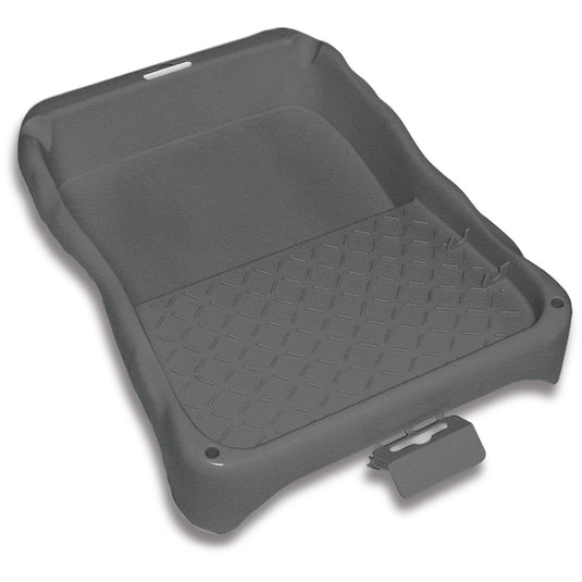 The Nölle Profi Brush paint tray (27 x 36 cm), made from recycled granulate by Nölle Profi Brush Bürsten- & Pinseltechnik e.K., is sturdy, black, features a textured diamond pattern, and has a small rectangular closure on the front edge—ideal for painting projects.