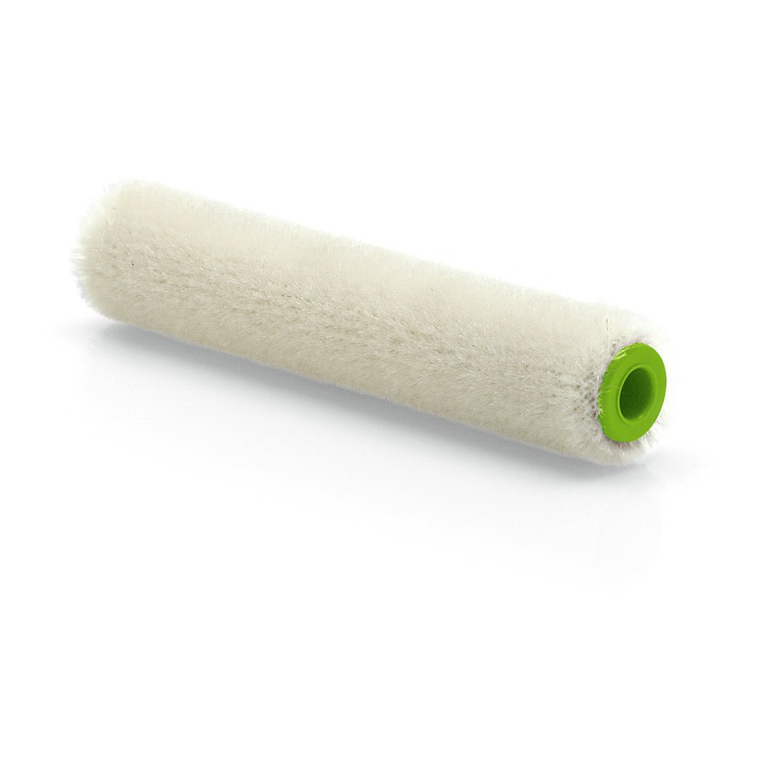 The Nölle Profi Brush Mohair Paint Roller 10 cm (4 mm pile height) from Nölle Profi Brush Brush & Paint Technology e.K., ideal for smooth surfaces, has a white cylindrical cover with a green plastic core on a white base.
