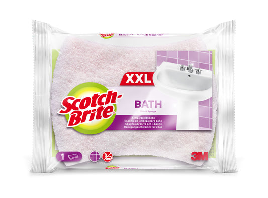 Eine Packung Scotch-Brite® Bath XXL Reinigungsschwamm für das Bad von 3M Deutschland GmbH, 1 Stück pro Packung, abgebildet mit weißem und violettem Schwammbild, Waschbecken, mehrsprachigem Text und dem 3M-Logo in der Ecke.