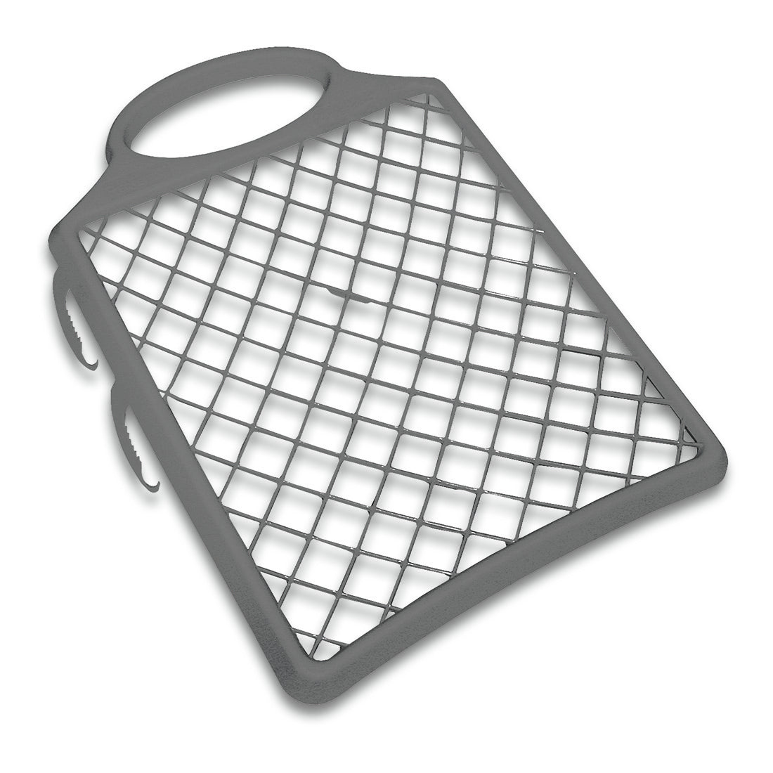 Das Nölle Profi Brush Farbgitter Ergoline 23 x 27 cm aus Regranulat, von Nölle Profi Brush Bürsten- & Pinseltechnik e.K., ist ein graues, rechteckiges Gitter mit Griff und zwei seitlichen Haken für den professionellen Einsatz, das schräg vor einem weißen Hintergrund abgebildet ist.