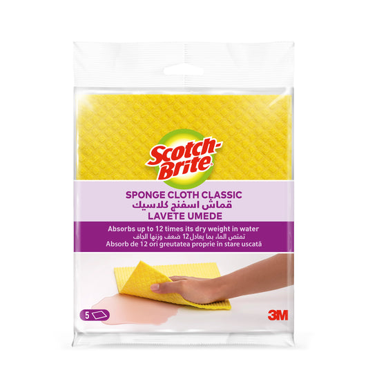 Abgebildet ist eine Packung Scotch-Brite® Schwammtuch, farblich sortiert (3 + 1/Packung) der 3M Deutschland GmbH. Zu sehen sind bunte Schwammtücher und die Verpackung mit dem Hinweis auf hohe Saugfähigkeit. Rechts unten ist das 3M-Logo zu sehen.