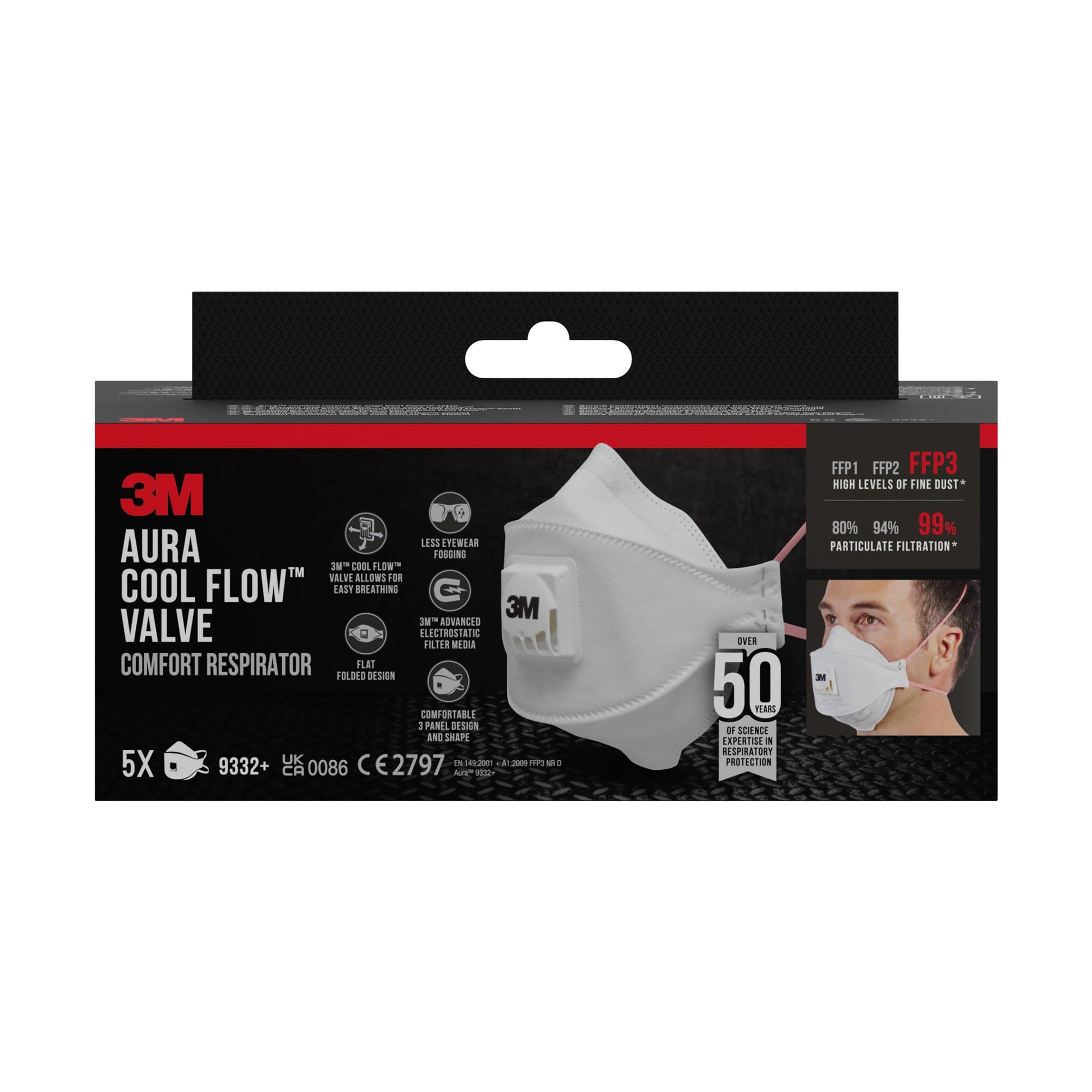 Eine Packung 3M™ Aura™ Comfort Cool Flow™ Partikelmaske 9332+ von 3M Deutschland GmbH, FFP3-zertifiziert mit Ventil, abgebildet mit Produkt- und Trägerbildern. Die Schachtel enthält 5 Masken pro Packung mit einer Filtrationsleistung von bis zu 99 %.