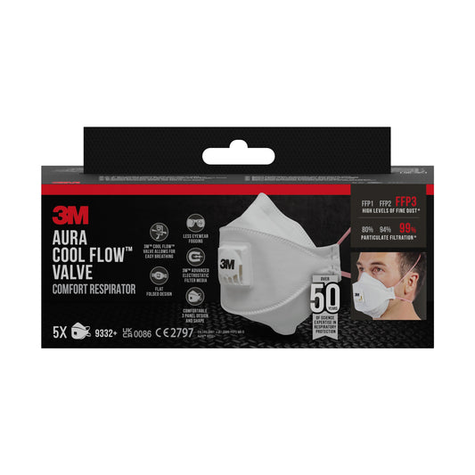 Eine Packung 3M™ Aura™ Comfort Cool Flow™ Partikelmaske 9332+ von 3M Deutschland GmbH, FFP3-zertifiziert mit Ventil, abgebildet mit Produkt- und Trägerbildern. Die Schachtel enthält 5 Masken pro Packung mit einer Filtrationsleistung von bis zu 99 %.