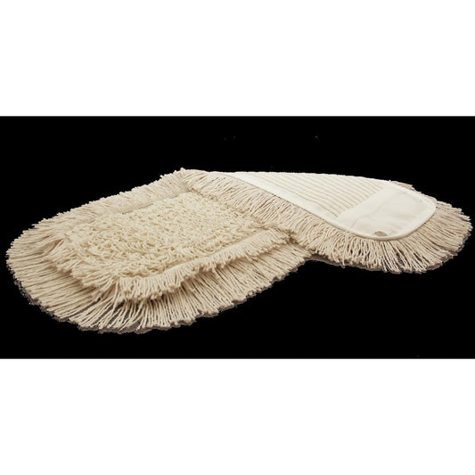 Zwei beige TASKI Multi Mop Special Mopköpfe von Diversey Deutschland GmbH & Co. OHG mit Fransenrändern und strukturierter Oberfläche auf schwarzem Hintergrund – ideal für professionelle, effektive Reinigung (5 Stück Packung).
