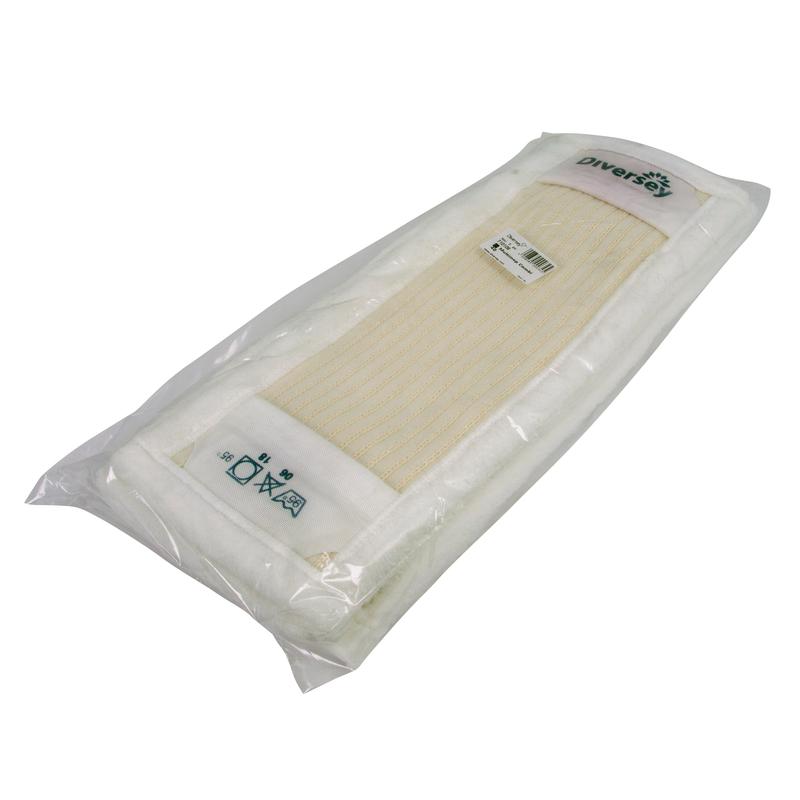 Verpackte TASKI Multimop Combi 40 von Diversey Deutschland GmbH & Co. OHG mit weiß-beigem Stoff, Außen Mikrofaserränder, innen Baumwoll-Polyester-Gemisch, Schlingen-Tufting für Schmutzaufnahme und Gleitfähigkeit-1 Stück pro Packung mit Pflegesymbolen und Produktetikett.