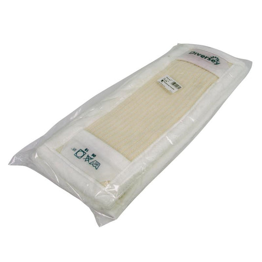 Verpackte TASKI Multimop Combi 40 von Diversey Deutschland GmbH & Co. OHG mit weiß-beigem Stoff, Außen Mikrofaserränder, innen Baumwoll-Polyester-Gemisch, Schlingen-Tufting für Schmutzaufnahme und Gleitfähigkeit-1 Stück pro Packung mit Pflegesymbolen und Produktetikett.