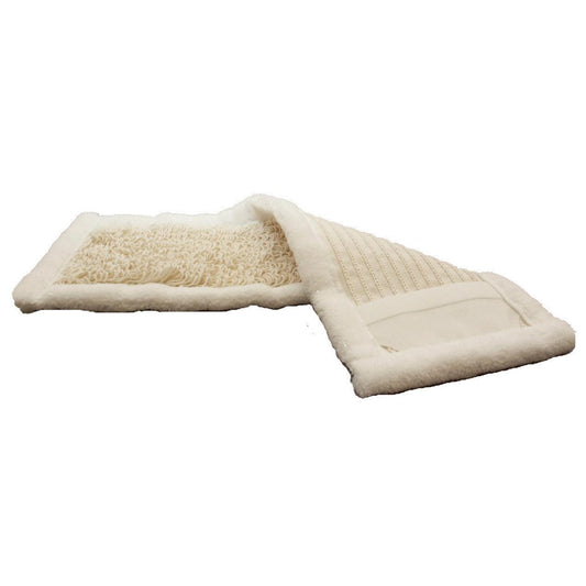 Eine weiße rechteckige Reinigungstextilie mit Außen-Mikrofaserrändern und einer Innenseite aus Baumwoll/Polyester-Gemisch, schlingengetuftet für optimale Schmutzaufnahme und Gleitfähigkeit, kompatibel mit TASKI Multimop Combi 50 von Diversey Deutschland GmbH & Co. OHG.