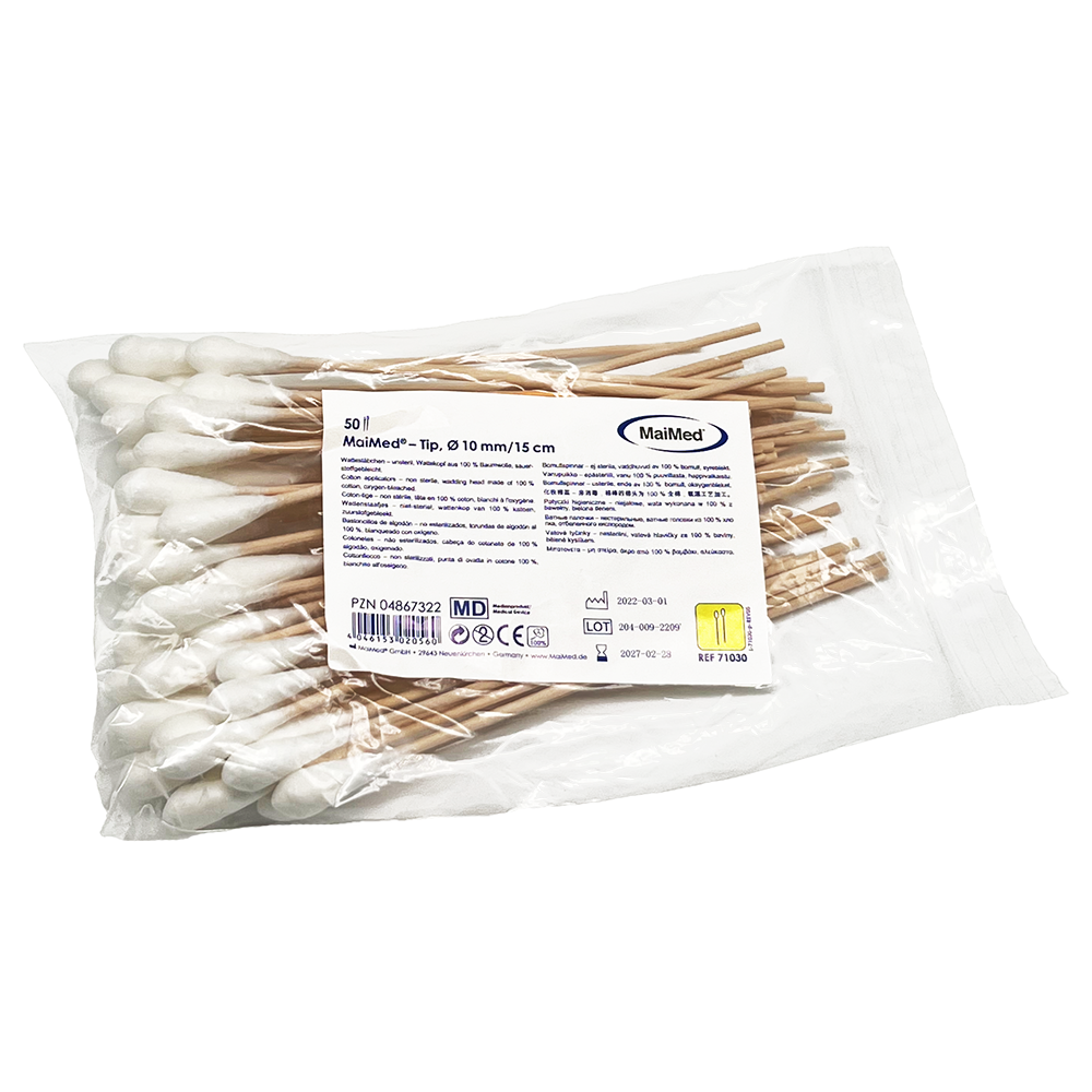 MaiMed - Tip non-sterile cotton swab, 15 cm long, wooden stick | Pack (100 pieces)